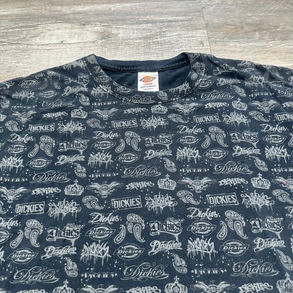 Vintage Y2K Dickies Paisley Brand Logos Black AOP Men L Urban Hip Hop Skater Tee - Picture 1 of 9